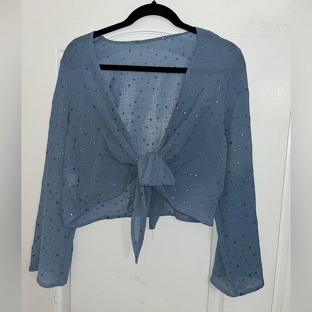 Sheer Blue With Gold Shimmery Stars Tie Front Crop Top — One Size Fits All